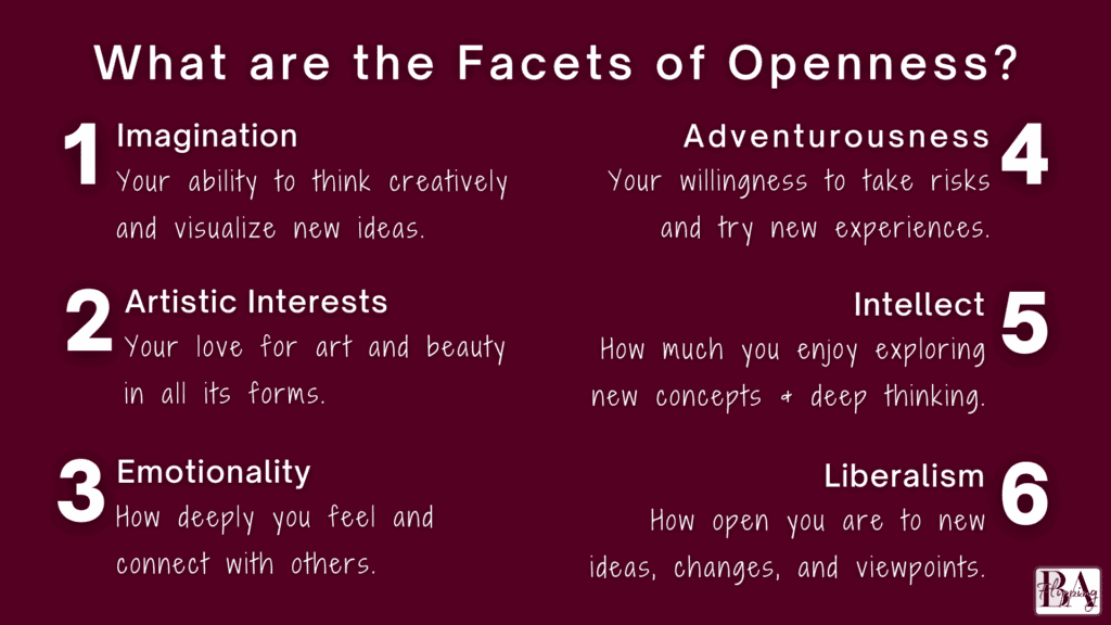 the six facets of openness; imagination, artistic interests, emotionality, adventurousness, intellect, liberalism
