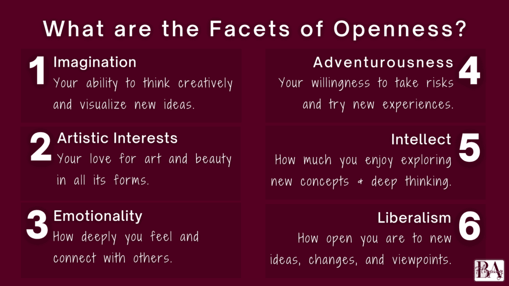 the six facets of openness; imagination, artistic interests, emotionality, adventurousness, intellect, liberalism