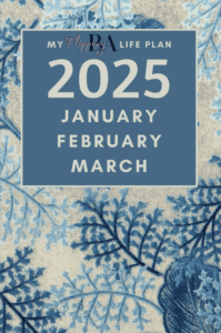 Q1 2025 planner cover, botanical blue & beige woven-fabric-look