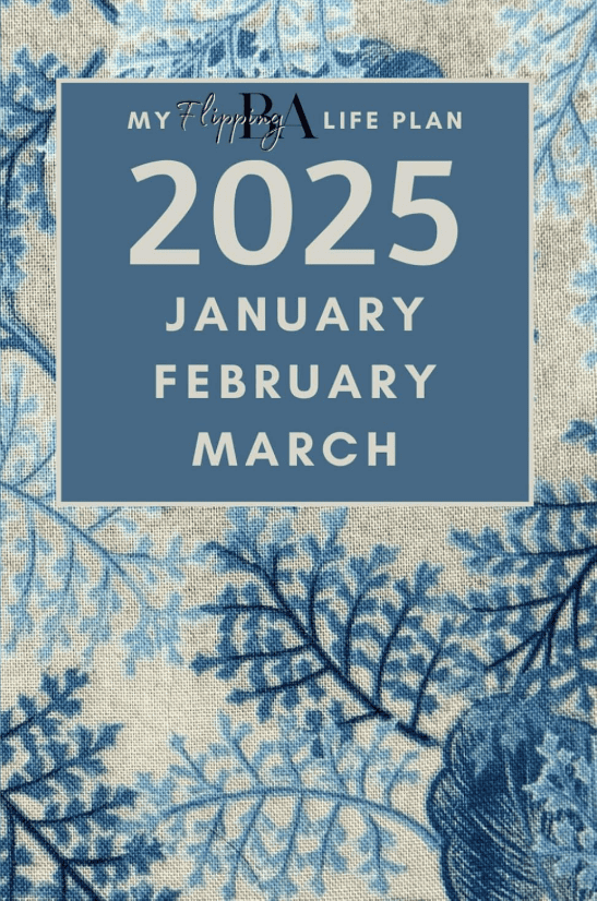 Q1 2025 planner cover, botanical blue & beige woven-fabric-look