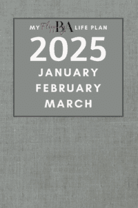 Q1 2025 planner cover, grey woven-fabric-look with dates