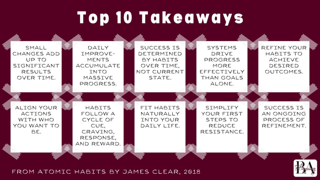 my top 10 takeaways from atomic habits displayed on sticky notes
